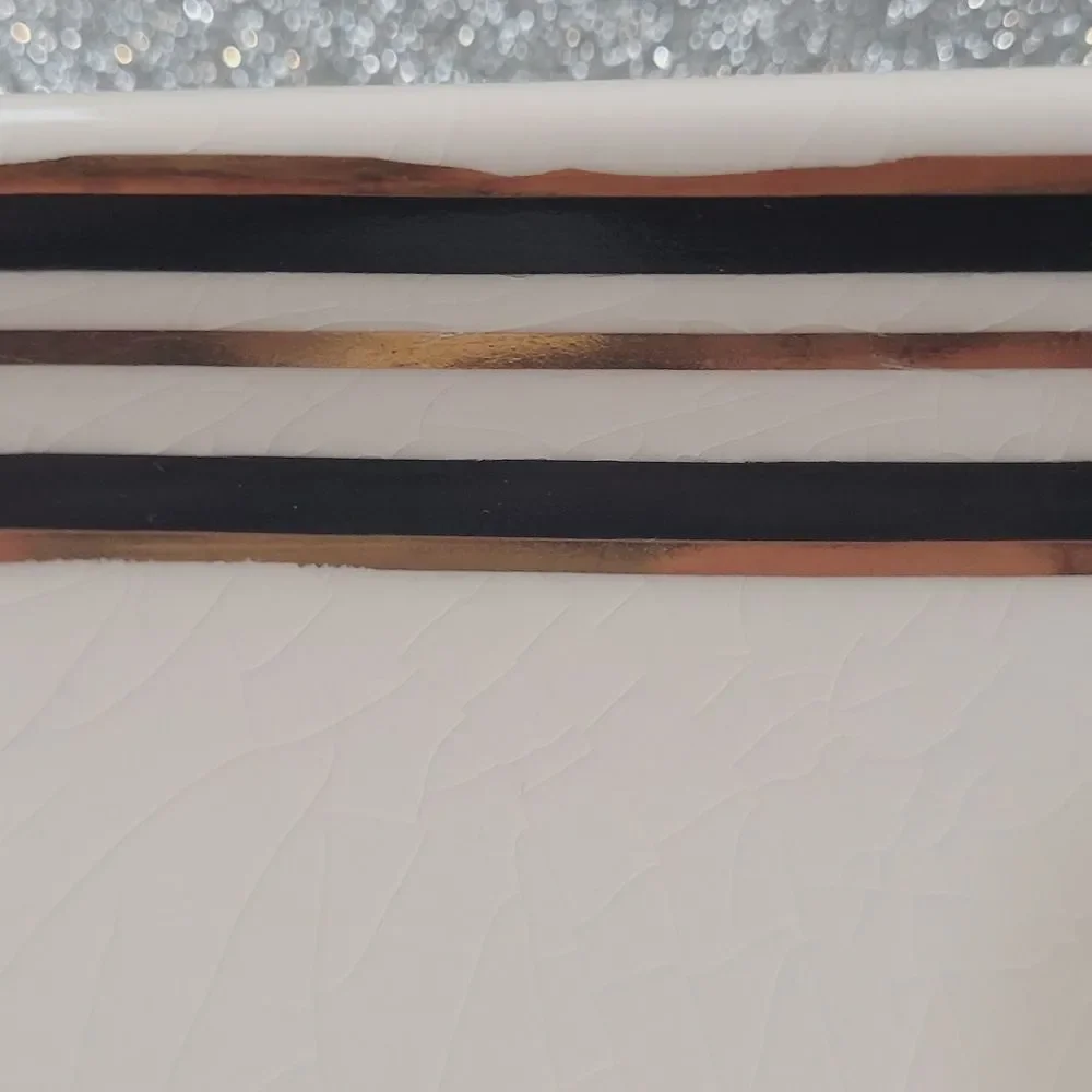 Terramoto Ceramic Halloween Spooky Serving Tray Platter White Black Gold Stripes